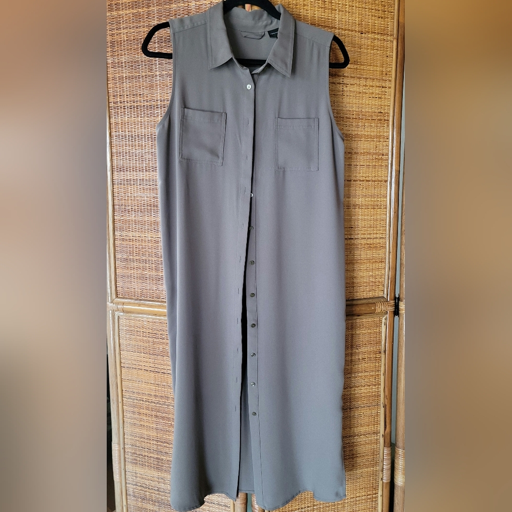 Adrienne Vittadini Khaki/Sage Button-Front Midi Shirt Dress